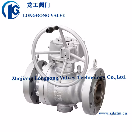 API 6D&API608 Acier moulé, Wcb, Acier au carbone, Acier inoxydable CF8, CF8m, A105/F304/F316 Vanne à boisseau sphérique montée sur tourillon à bride 2PC avec fonctionnement par engrenage